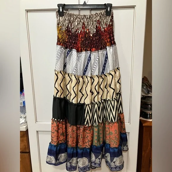 Jessica Taylor Skirt Maxi 100% SILK Patchwork stretch Free Size Small-Large BOHO - Picture 5 of 13